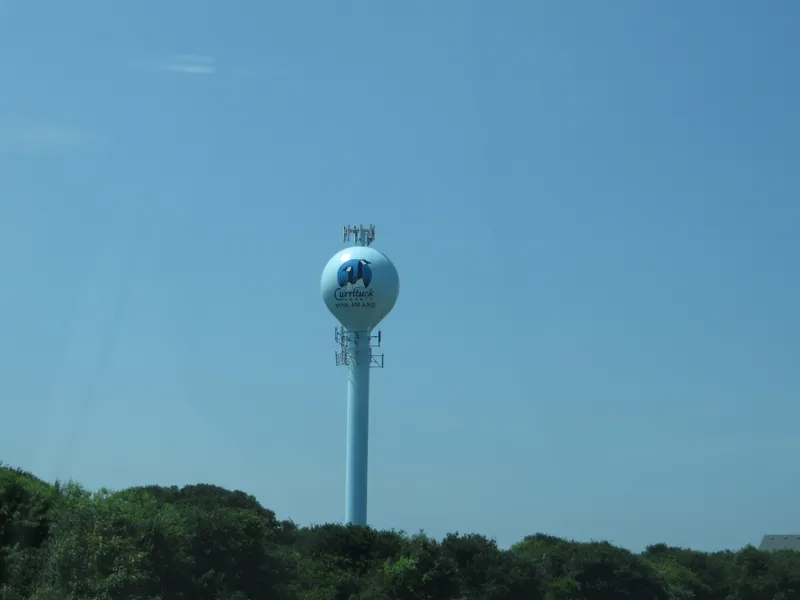 View of Pine Island near Corolla on the northern Outer Banks, showing the coastal landscape along the barrier island with maritime vegetation