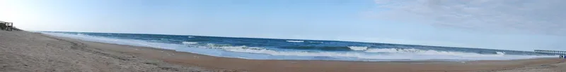 Panoramic beach view on the Outer Banks with wide sand and ocean horizon
