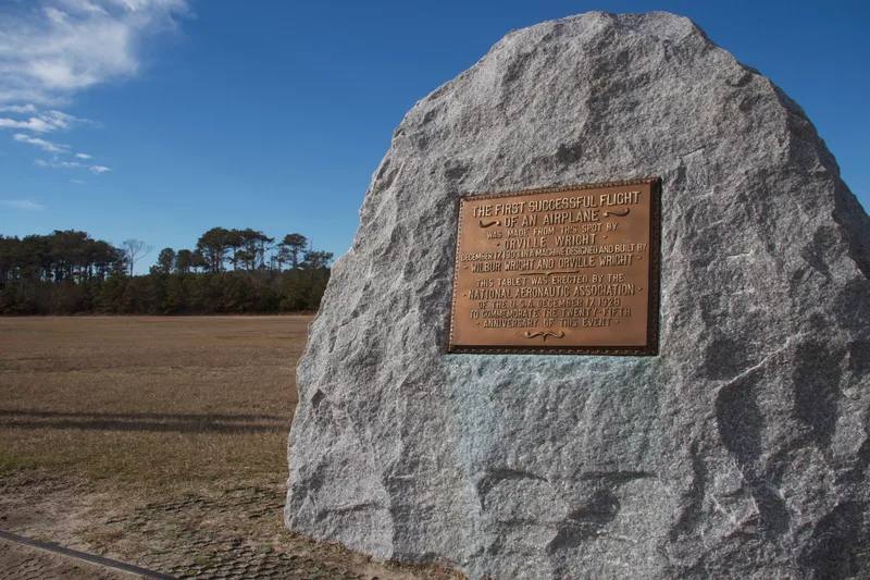 First Flight granite boulder marker at the takeoff point of the Wright Brothers first powered flight